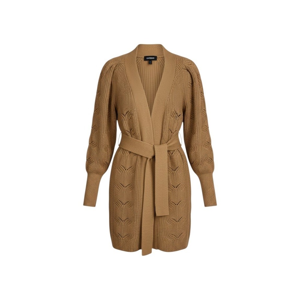 Express XS Camel Cable Knit Belted Long Cardigan Sweater Open Front